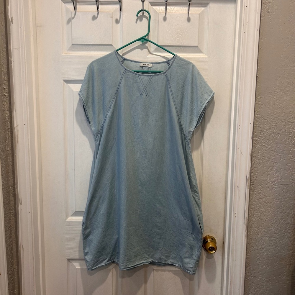 Mod Ref Women's Light Blue Tencel Casual Short Sleeve‎ Mini Dress Large Pockets